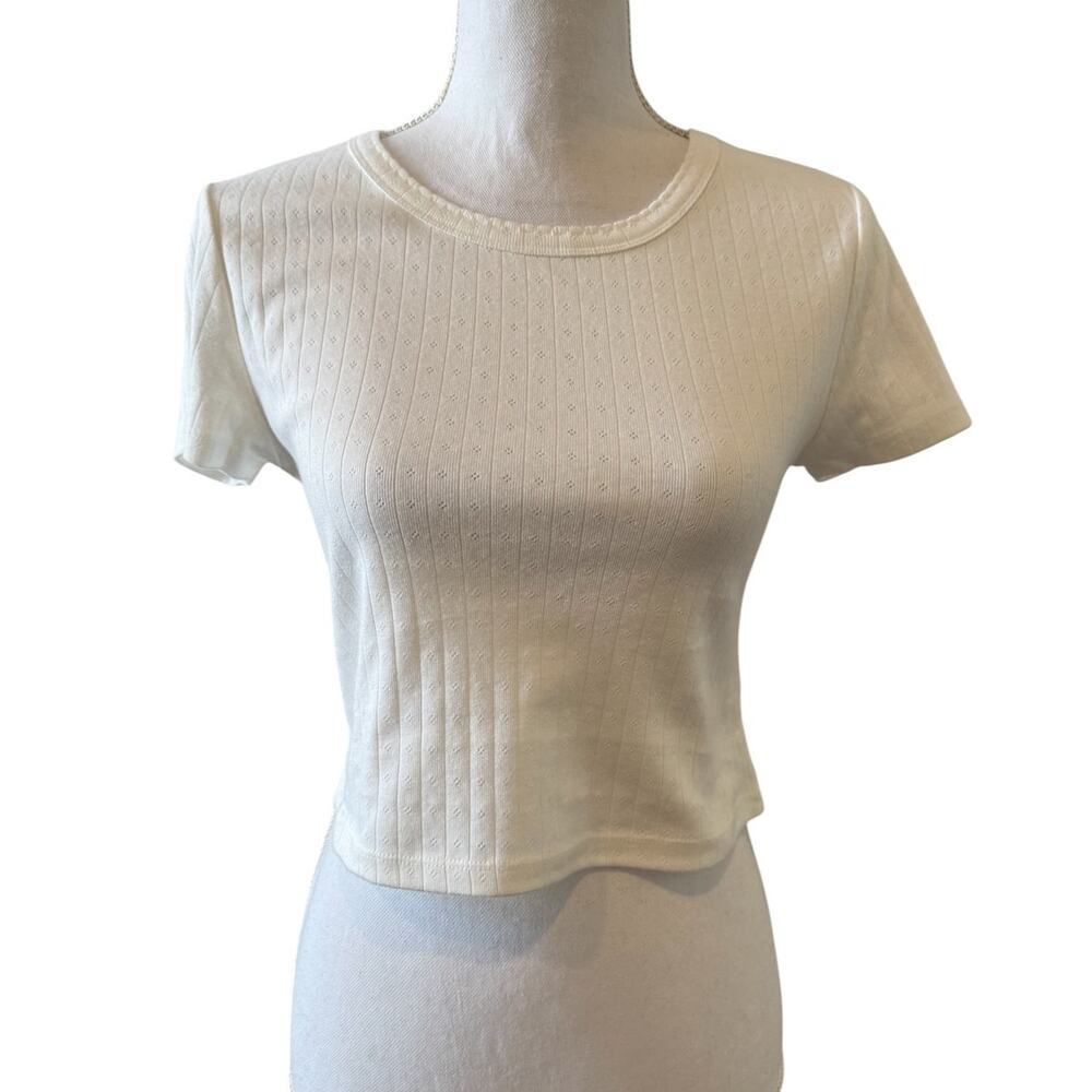 Caroline Constas Cropped Pointelle Baby Tee Shirt White M